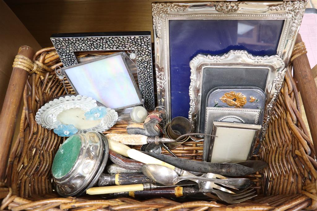 A quantity of plated and other frames, antler, horn carving knives, shakers, Meerschaum pipe etc